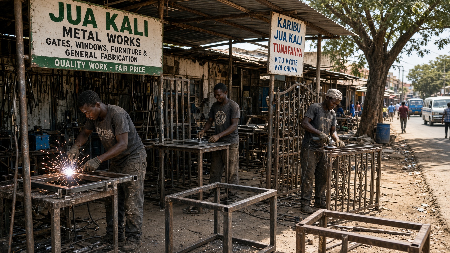 Young Kenyan craftsmen in a Nairobi Jua Kali metal workshop